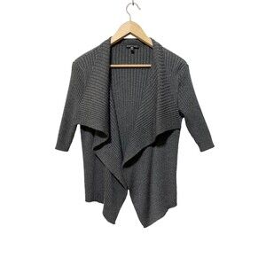 Eileen Fisher Open Front Cardigan Sweater Gray Wool Ribbed Knit Size Small